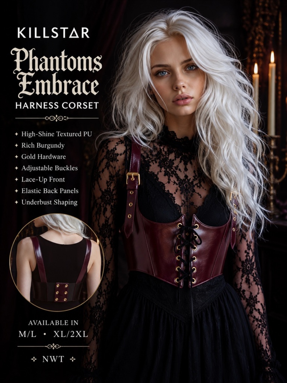 KILLSTAR Burgundy Phantoms Embrace Harness Corset NWT M/L XL/2XL